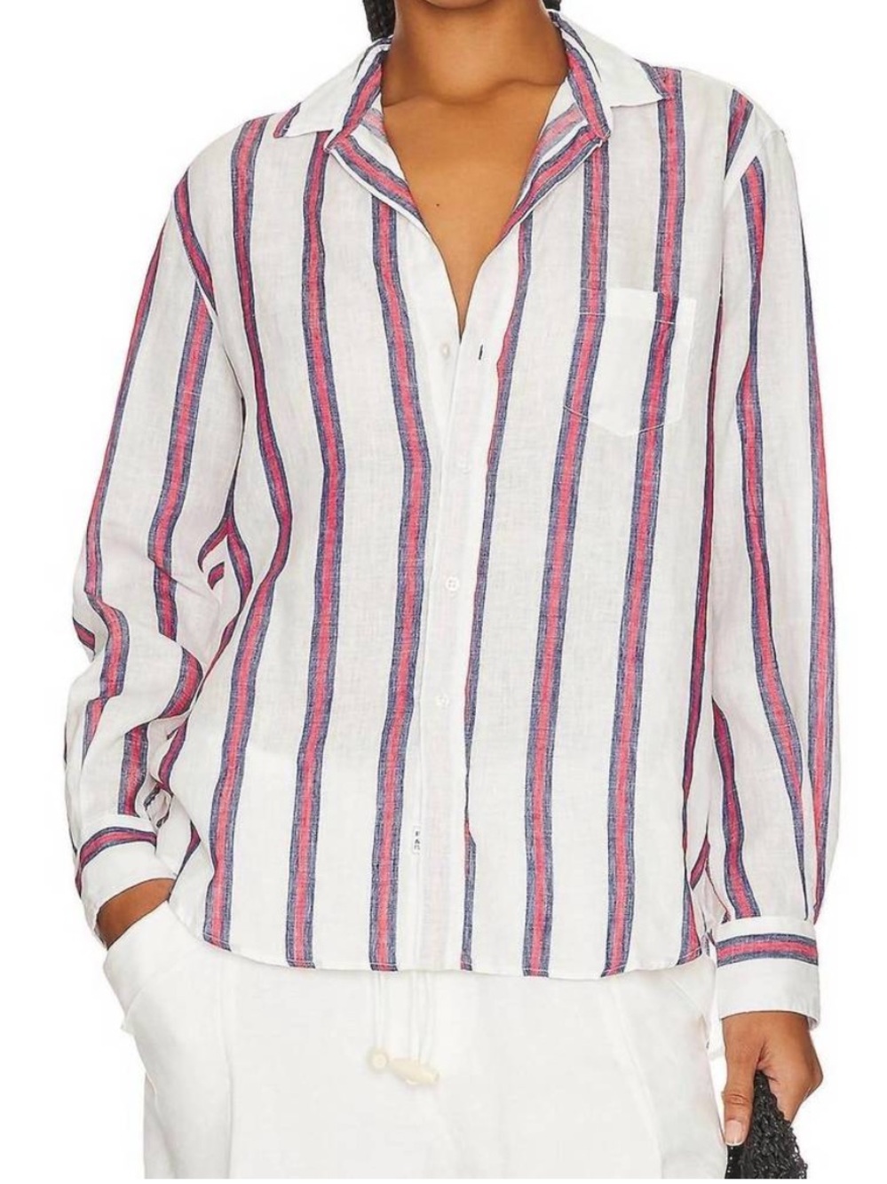 Frank & Eileen - Eileen Woven Button Up in Red Navy Stripe Linen Size XS